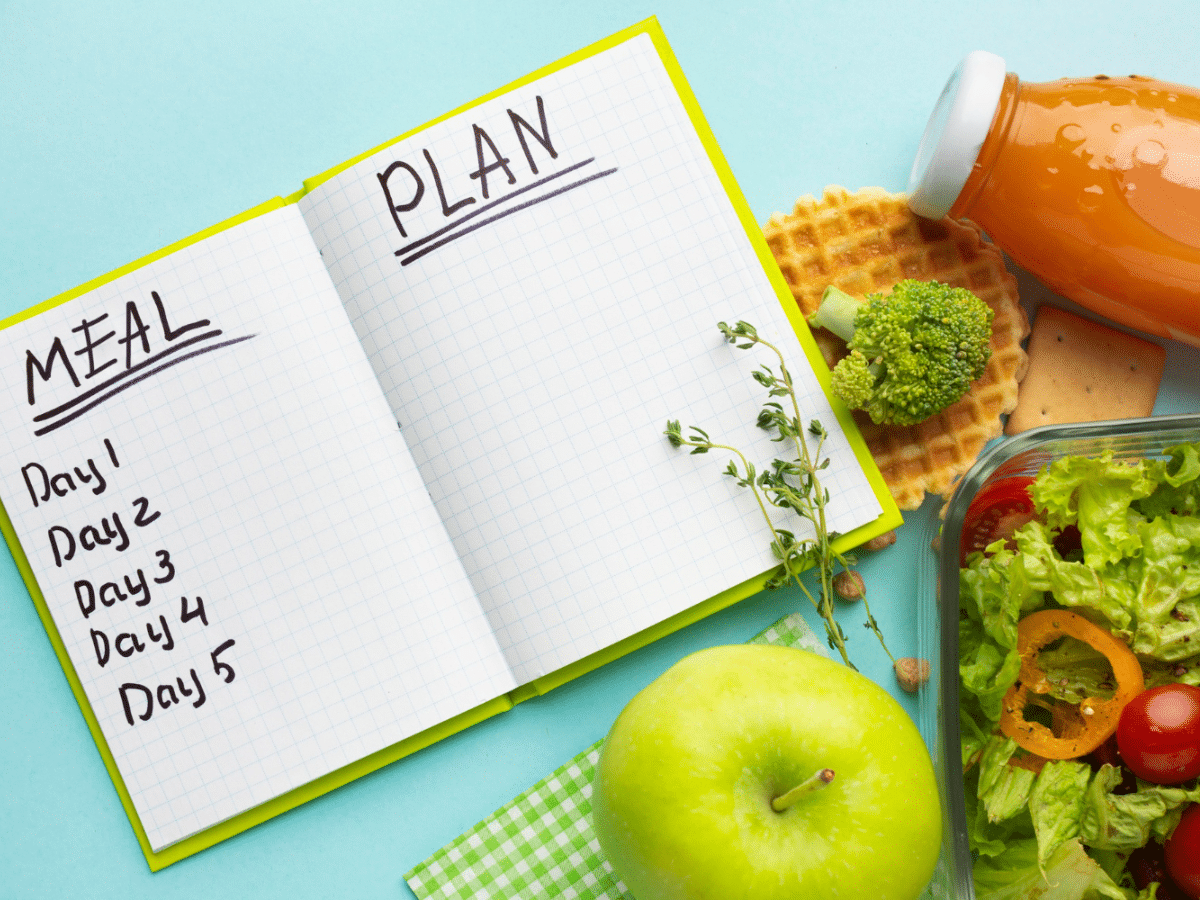 A weekly meal plan next to nutritious food 