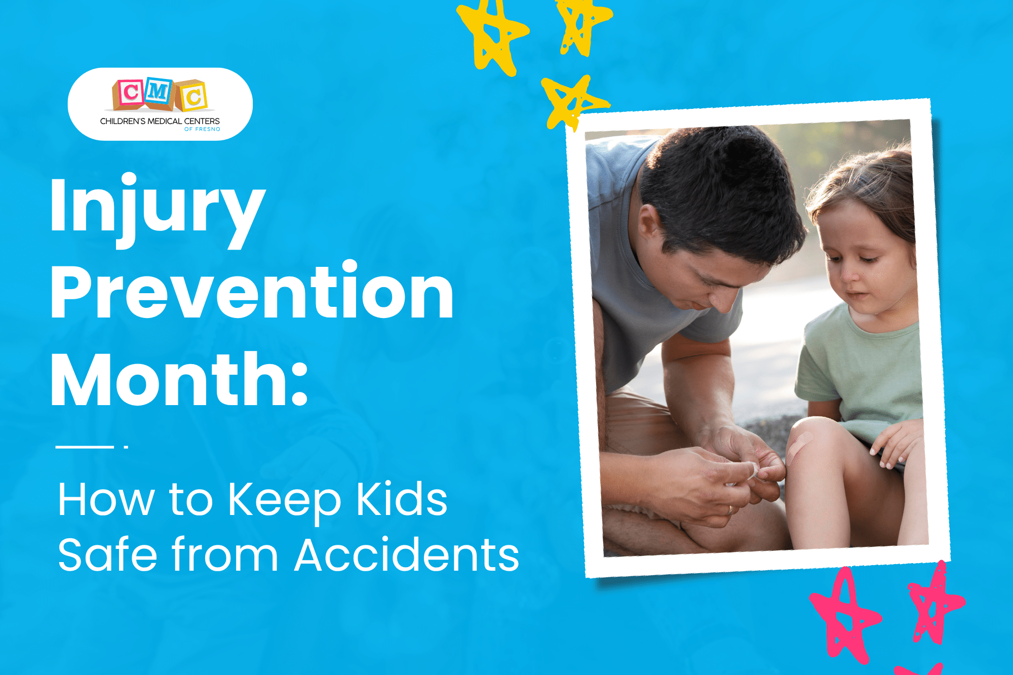 A father who knows basic child first aid puts a Band-Aid on his daughter’s knee.